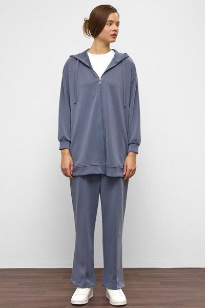 Olcay Hooded Zippered Stone Textured Premium Fabric Sweat Pants Set Blue 9371-Tk