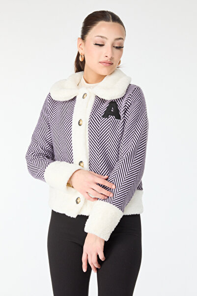 TOFİSA Printed Plush Jacket Lilac - 27763-Lila