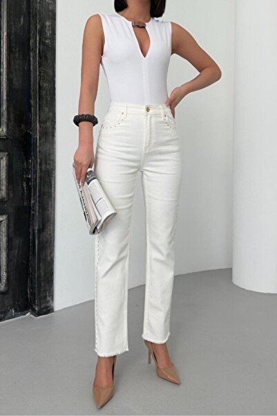 LACARINO بنطلون جينز نسائي مرصع بالأحجار 7977 KEMİK