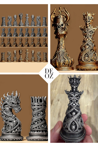 DEOZ3D Gotik Süslemeli Satranç Taş Takımı – Özel Tasarım 3D Baskı Dekoratif Koleksiyonluk