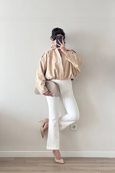 Eka Jachetă bomber din piele de căprioară bej pentru femei 1045-85152