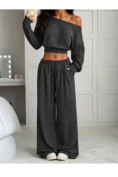 Machetta Kadın Kayık Yaka Sweatshirt Eşofman Altı İkili Alt Üst Takım