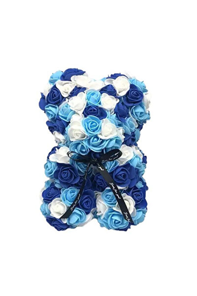 velve Ursulet Floral Triple color din Trandafiri spuma in cutie cadou, 25 cm, blue-albastru-alb