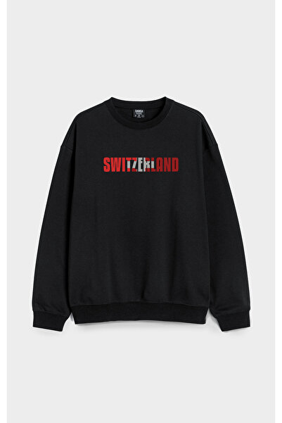 MODA سويت شيرت أسود كبير الحجم مصنوع من القطن بدون قلنسوة مطبوع عليه علم سويسرا سويسرا