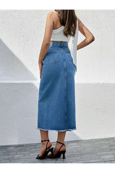 Dema Kadın Denim Pamuklu Yırtmaçlı Uzun Koyu Mavi Etek