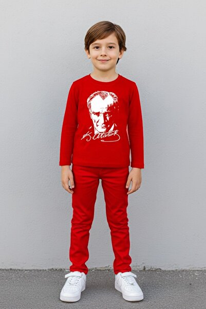 nacar çarşı Çocuk Atatürk Baskılı Uzun Kollu Tişört Pantolon Takım 23 Nisan 29 Ekim Gösteri Kıyafeti