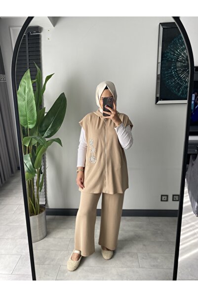 Aynaz Kadın Tesettür Pamuklu Kumaş Yelekli Taş detaylı Takım