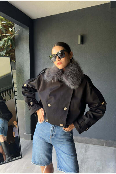 FABB معطف فرو بياقة مطاطية سوداء