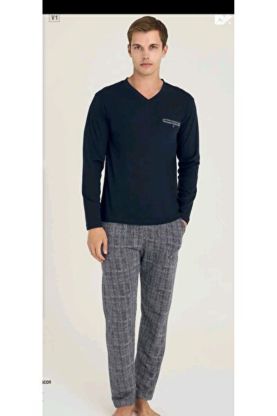 KLY طقم بيجامة شتوية للرجال من القطن بياقة على شكل V
