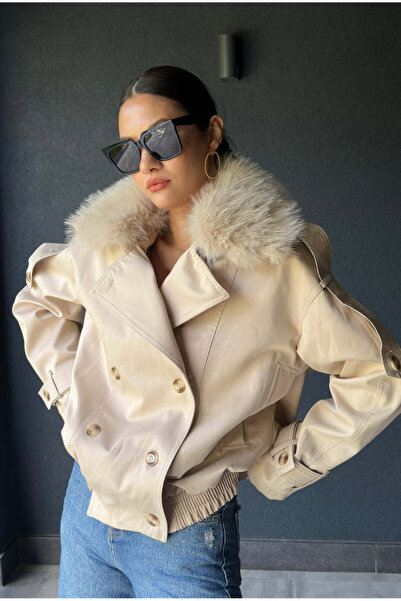 FABB معطف فرو بيج بياقة مطاطية