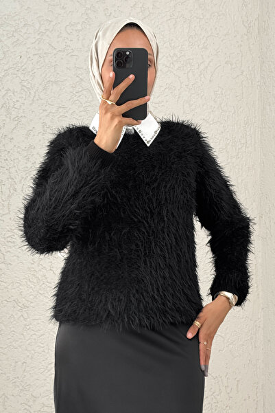 Salih Çelebi Boat Neck Bearded Knitwear Sweater 07359 - Black