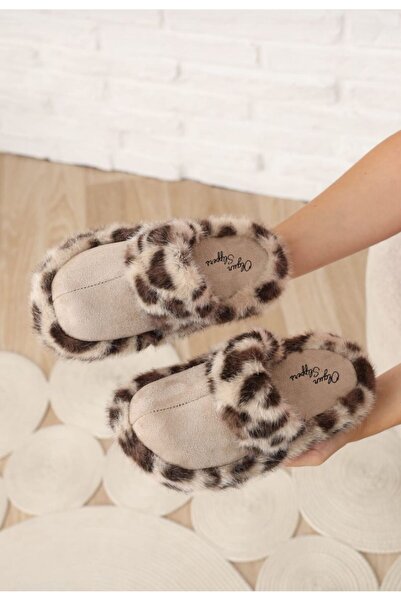 WOSSE نعال منزلية شتوية مريحة بنمط الفهد