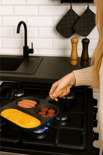 Jenisa 3-Compartment Granite Cast Pan Pancake Egg Skillet Omelette Pan Multi-Purpose Camping Pan