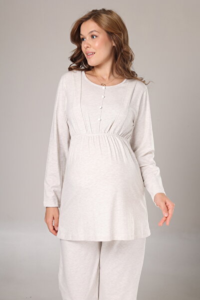 LOHOUSE Women's Beige Shawl Collar Ribbed Long Sleeve Cotton Maternity Pajamas Set of 3