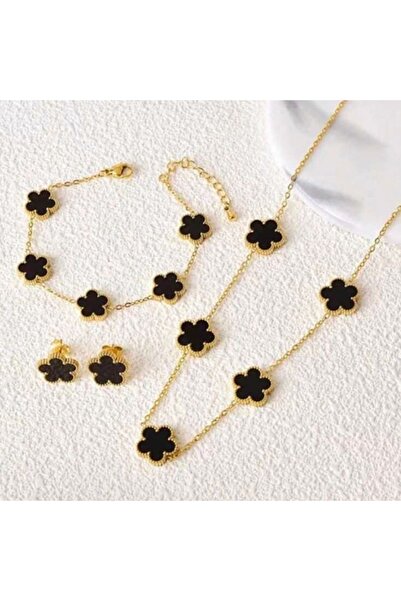 bs bellss accessory Stainless Steel Çelik Siyah Kolye Bileklik Küpe Set