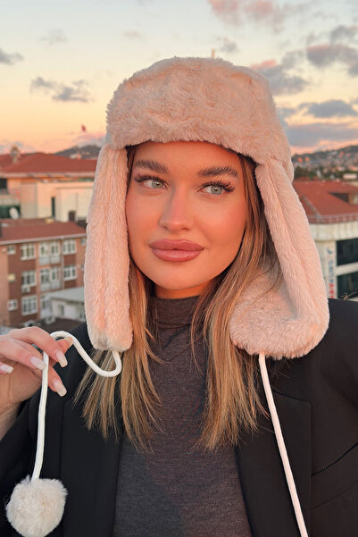 Mollycrush Women's Beige Faux Fur Plush Hairy Elite Pompom Hat Beanie