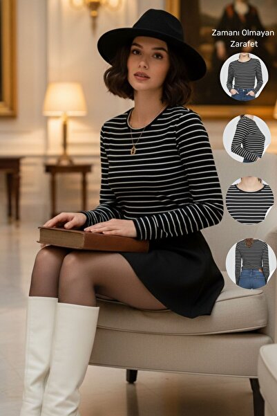 Kübra Tekstil Kadın Çizgili Uzun Kollu Basic Body Fit Badi Dört Mevsim Likralı Esnek Kumaş - Kadın Body