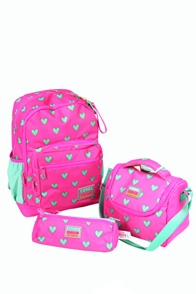 Coral High CH 23113 Pembe Yeşil Kalpli - 3' Lü Okul Çantası Seti - Sırt Ve Beslenme Çantası + Kalemlik