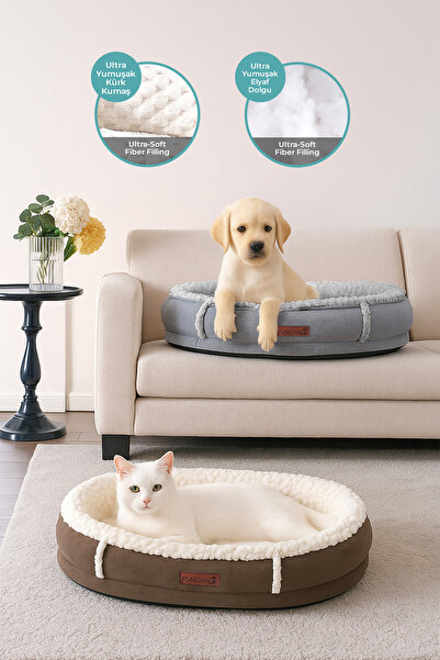 Evlen Home Collection Kürk Peluş Ortopedik Kedi Köpek Evcil Hayvan Yatağı PatiChill Yıkanabilir Simba Lüks Krem