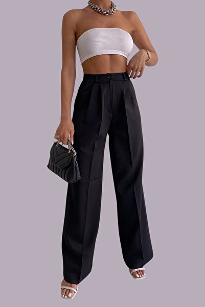 byhaziran butik Mariah Women's High Waist Palazzo Pleated Black Fabric