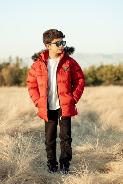 LEONE GYM Black Inflatable Plush Fur Detachable Hood Children's Coat