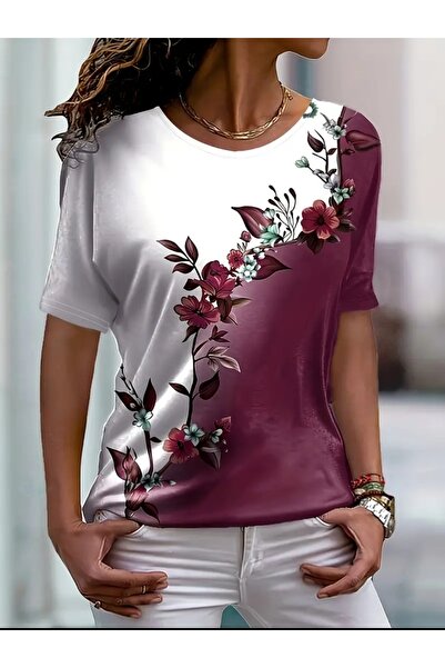 BURGUNDY Women's T-Shirt Gradient Floral Print Transitioning from Burgundy to White
