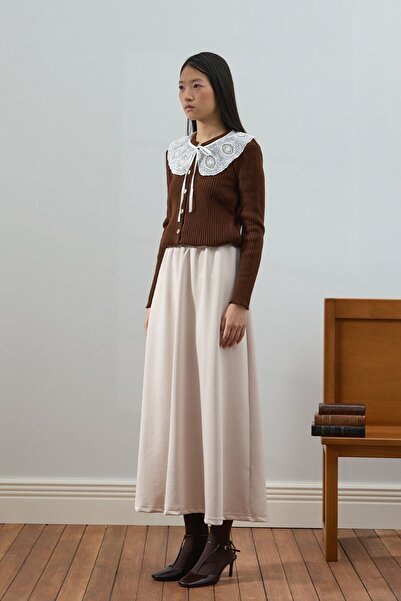 Ceylan Otantik Bitter Brown White Collar Knitwear Cardigan & Cream Scuba Skirt Set