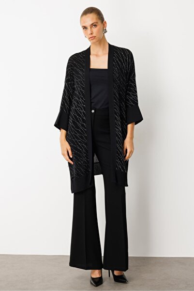 Moda İlgi Modailgi Simli Düğme Detaylı Ribanalı Uzun Ceket Siyah