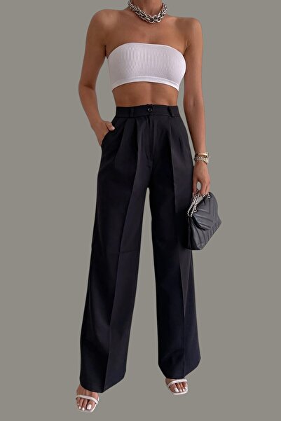 byhaziran butik Miley Women's High Waist Palazzo Pleated Black Fabric