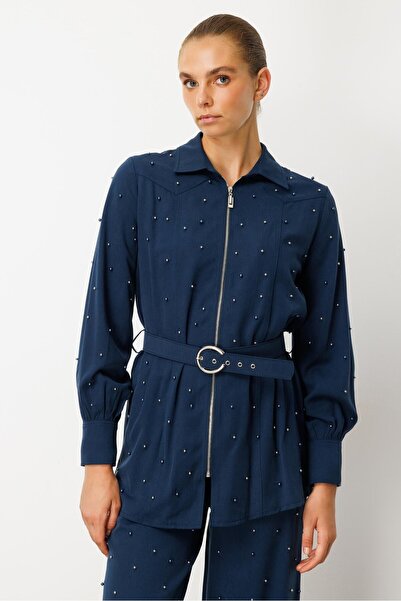 Moda İlgi Modailgi Fermuar Kapamalı İnci Detaylı Beli Kemerli Rahat Kesim Tunik - 40041 İndigo