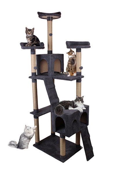 Nursoft Cat City 3 Katlı 2 Yuvalı Dayanıklı Kedi Oyun Evi ve Kedi Tırmalama T...