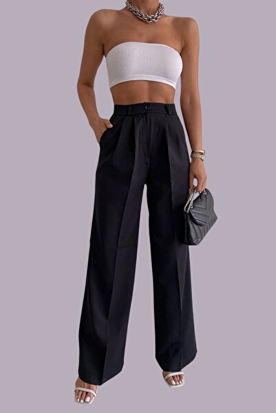 byhaziran butik Mariah Women's High Waist Palazzo Pleated Black Fabric