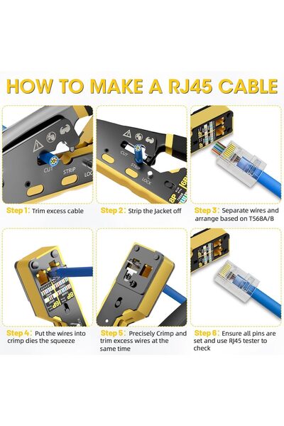 Derwell Yeni Nesil Ez Pense RJ45 Sıkma Aracı Cat5/Cat6/Cat7 Pense Kesici Rj11 RJ12 8P8C6P + 100 Adet Cat6 Yeni Nesil Delikli Jak Konnektörü Set