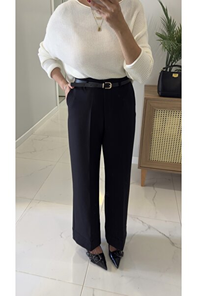 BİRCANÇİL Orya Siyah Kemerli Katlı Paça Pantolon
