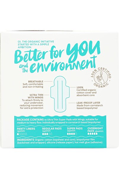 Oİ Organic Initiative Super Ultra Thin Pads with Wings, Organic Cotton, 10 Count
