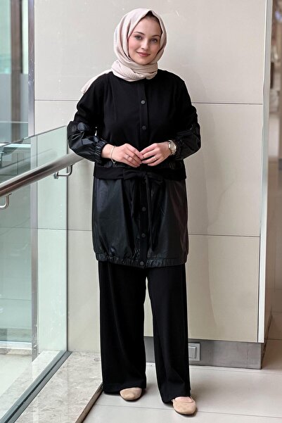 Ghisa Knitwear Leather Combination Belted Tunic Trousers Set