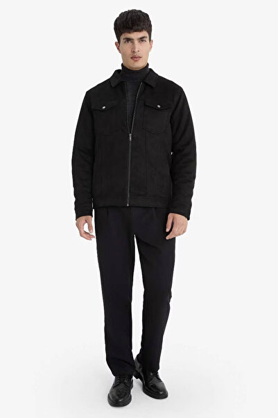 DeFacto slim fit buzunare interioare din piele intoarsa M de tranziție primavara palton negru pentru barbati A3254AX/BK27