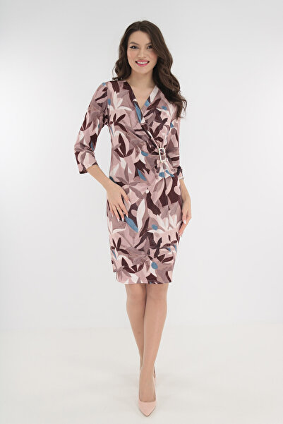 Trend Land Cocktail dress with brown-pink floral print and waist accessory