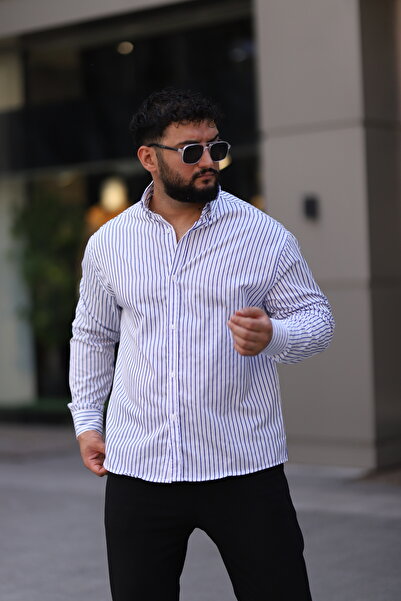 Bürke Ανδρικό πουκάμισο με μακρύ μανίκι σε λευκό χρώμα με μπλε ρίγες Half Oversize