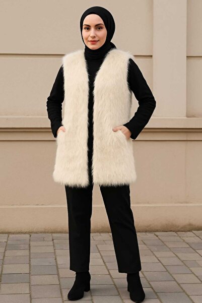 ECK MODA Kadın Yandan Gizli Cep Detay Kürk Peluş Yelek