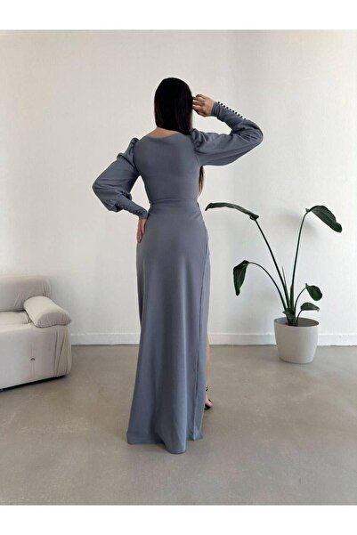 Modafeminen Balloon Sleeve Slit Detail Crepe Stretch Fabric Long Evening Dress Gray 581913
