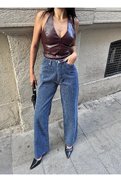 Swet Shop Jeans Γυναικείο ψηλόμεσο παντελόνι τζιν με ειδικό σχέδιο Vintage με φαρδύ πόδι