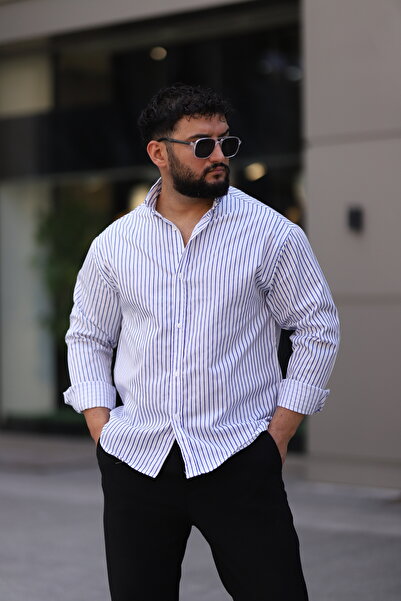 Bürke Ανδρικό πουκάμισο με μακρύ μανίκι σε λευκό χρώμα με μπλε ρίγες Half Oversize