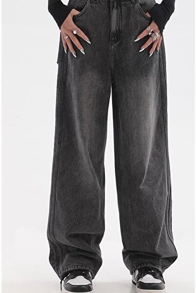 Butik Pofidi Vintage Siyah Yıkamalı Baggy Jeans Pantolon