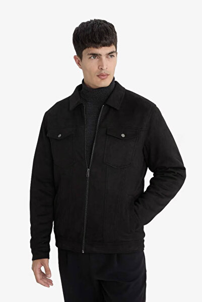 DeFacto slim fit buzunare interioare din piele intoarsa M de tranziție primavara palton negru pentru barbati A3254AX/BK27