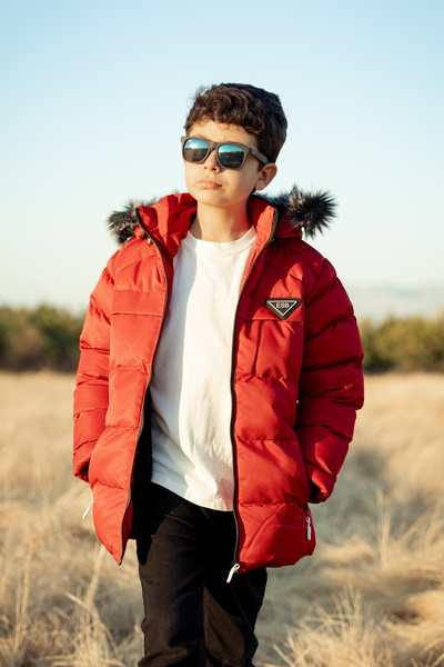 LEONE GYM Black Inflatable Plush Fur Detachable Hood Children's Coat