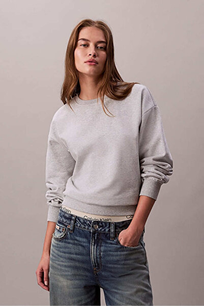 Calvin Klein Kadın Rahat Kalıp Bisiklet Yaka Sweatshirt - Gri Melanj