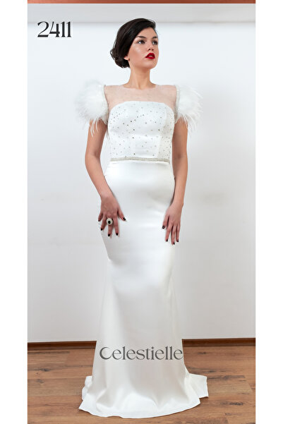Celestielle Mermaid Wedding Dress – Short Sleeves, Open Back, Crystal Bust, Feather Accents, Glamorous Style