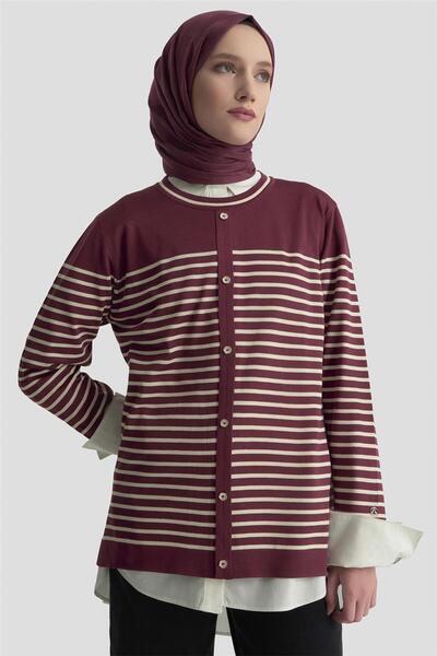 Armine Düğmeli Çizgili Triko Kazak 25KTD4128 Bordo