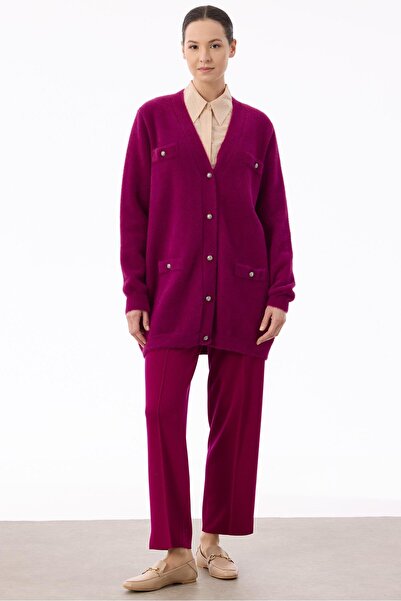 Tığ Triko İnci Düğmeli Triko Hırka FUŞYA